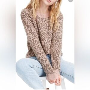 Madewell Animal Print Fuzzy Crewneck Brown & Soft Pink Sweater